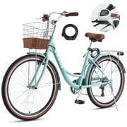Viribus 24" Women's Cruiser Bike for Adults, 7-Speed Beach & City Bicycle with Basket Rack, White