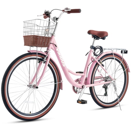 VIRIBUS Women's Bike 26" Beach & City Cruiser Bicycle with 7 Speed Basket Pink