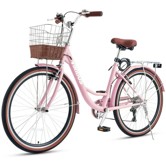 VIRIBUS Women's Bike 26" Beach & City Cruiser Bicycle with 7 Speed Basket Pink