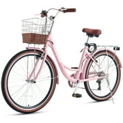 VIRIBUS Womens Bike 26 Beach & City Cruiser Bicycle with 7 Speed Basket Pink