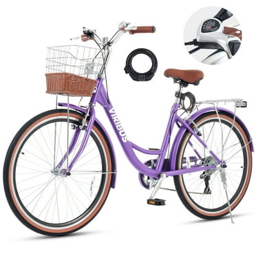 VIRIBUS Women's Bike 26" Beach & City Cruiser Bicycle with 7 Speed Basket Purple