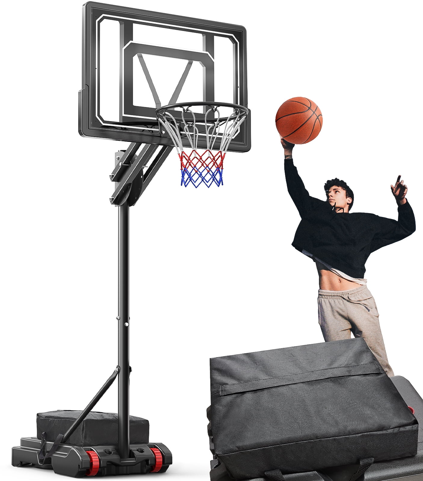 VIRNAZ 33 in. Portable Basketball Hoop & Goal System for Outdoor Indoor Court 5.5 - 9.5 ft. Easy Height Adjustable with Weight Bag