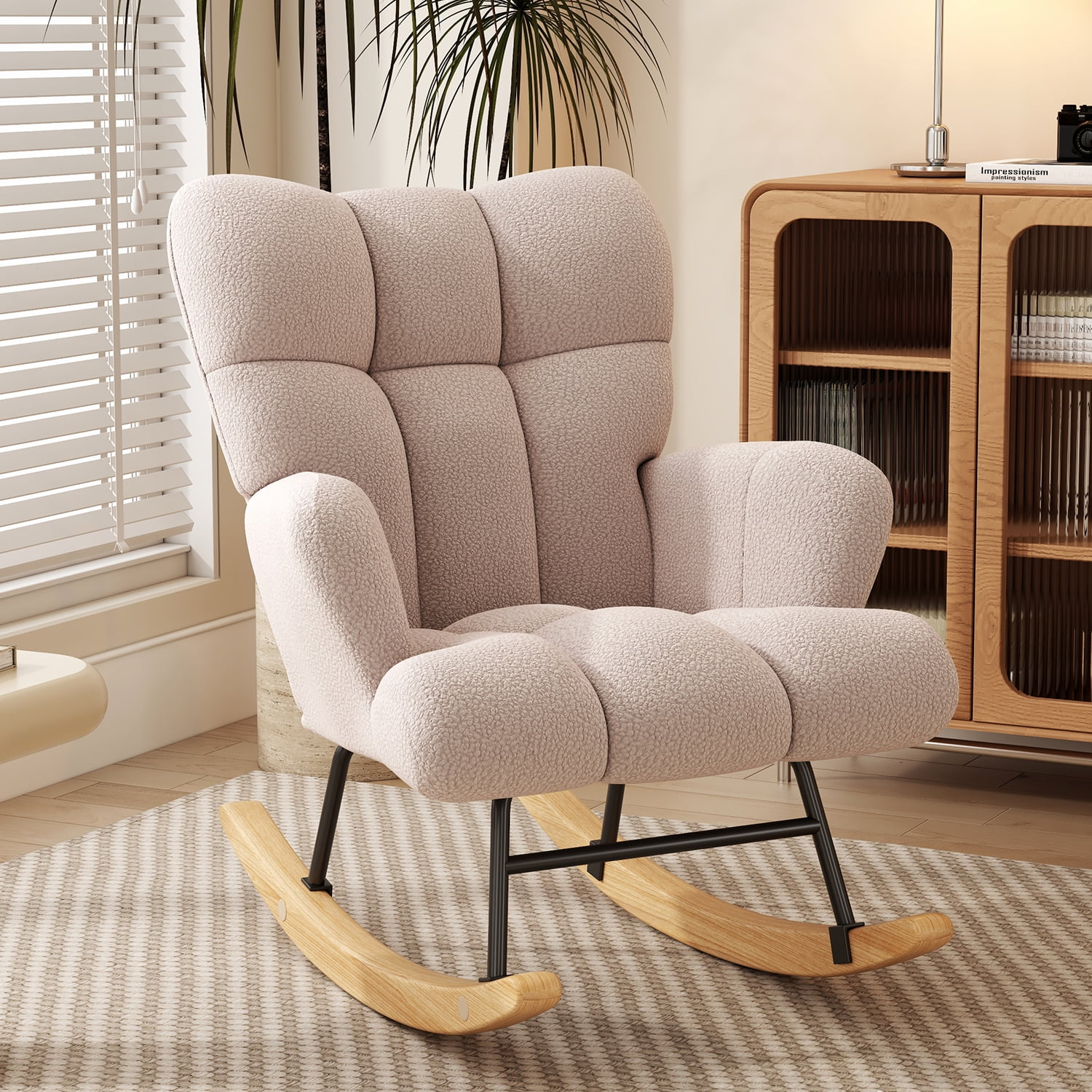 VIRRMO Glider Rocking Chair Nursery, Comfy Accent Chair Armchair with High Backrest Teddy Soft Upholstered Living Room Chairs for Reading Bedroom Living Room Home Office (Khaki)