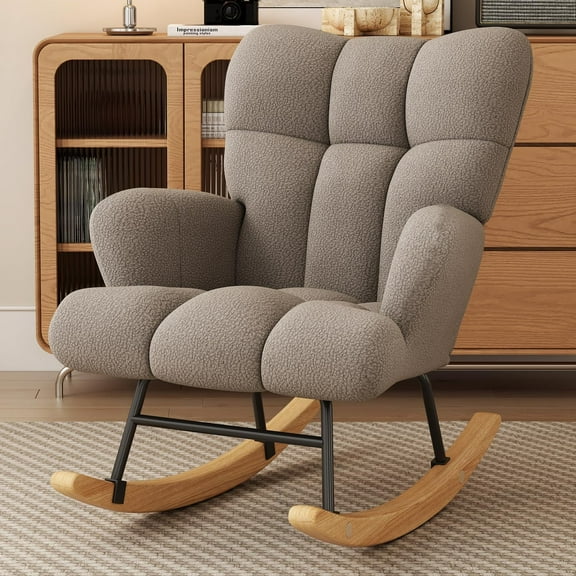 Glider Rocking Chair Nursery, Comfy Accent Chair Armchair with High Backrest Soft Upholstered Living Room Chairs for Reading Bedroom Living Room Home Office (Khaki)