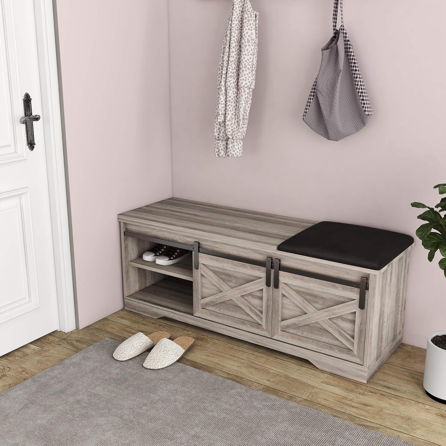 VIRTRON 47 Inch Modern Farmhouse Sliding X Barn Door Litterbox Bench ...
