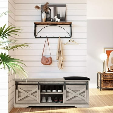 VIRTRON 47 Inch Modern Farmhouse Sliding X Barn Door Litterbox Bench with Entry Cutout, Shoe Bench, Grey Walnut
