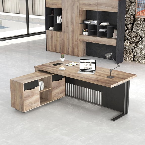 VIRTRON 70.87 inch L Shaped Executive Desk with Cable Box 2 Drawers File Cabinets