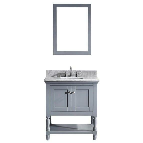 VIRTU USA Julianna 32-inch Grey Single Vanity White Marble Top Mirror grey, square sink