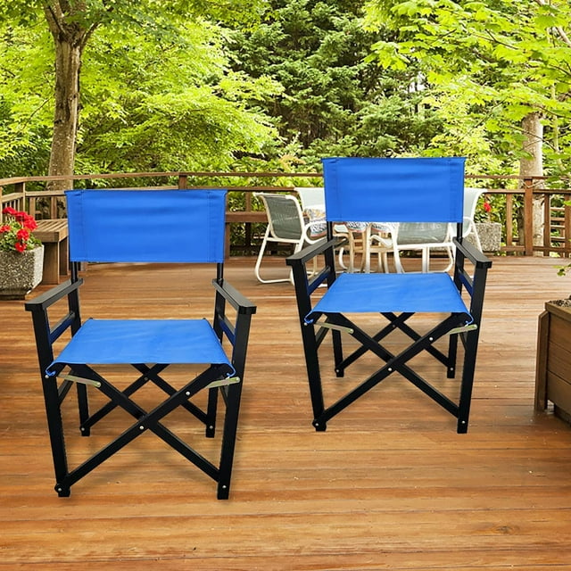 VIRUBI 2 pcs/Set-Wooden Folding Director Chair, Outdoor Folding Wood Chair/Canvas Folding Chair for Balcony, Courtyard, Fishing, Camping (Blue)
