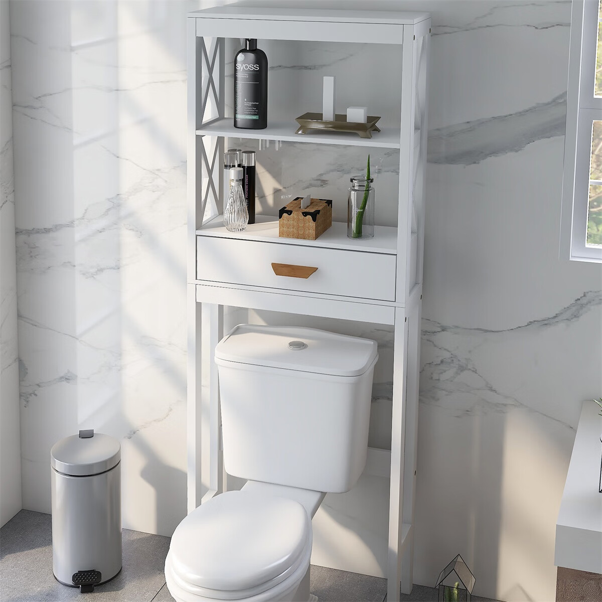 VIRUBI Modern OverTheToilet X Frame Bathroom Shelf with Drawer