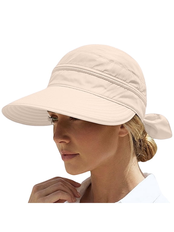 2-In-1 Zip-Off Sun Visor Hat for Women Lightweight Wide Brim Uv Protection Ponytail Hat Zipper Off Ponytail Sun Visor Sun Hat Wide Brim Empty Top Sun Cap with Back Bow Knot Beige One Size
