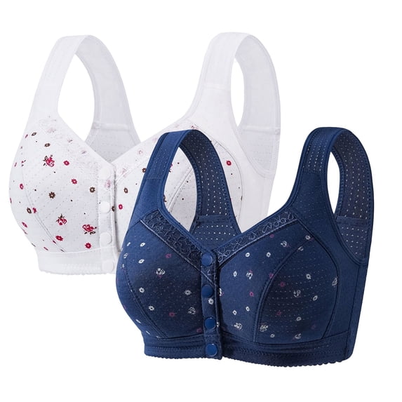 VISALY 2 Pack Front Closure Snap Bras for Seniors Full Coverage Lift Bra Gathering Bras Tshirt Lift Bra Wireless Bras for Older Women Cotton Wireless Bras Convenient Everyday Bras I 46