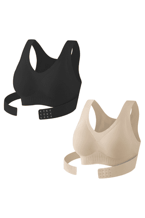 2 Pack Posture Corrector Bra Front Closure Cross-Back Wireless Seamless Bra for Women Breathable No Underwire Support Full Coverage Push Up Bralettes Lift Bust Shaping Bra Khaki S