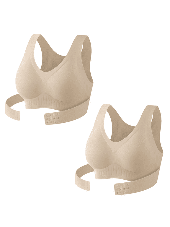 2 Pack Posture Corrector Bra Front Closure Cross-Back Wireless Seamless Bra for Women Breathable No Underwire Support Full Coverage Push Up Bralettes Lift Bust Shaping Bra Beige L