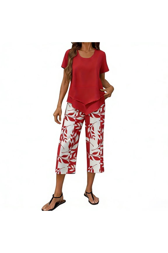2 Piece Capri Sets for Women Summer Plus Size Square Neck Short Sleeve Tunic Tops Floral Print Wide Leg Capris Pants Boho Beach Travel Outfits Vacation Summer Going Out Clothes Red S