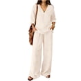 thumbnail image 1 of VISALY 2 Piece Linen Outfit 3/4 Sleeve V Neck Cotton Linen Tunic Blouse Peasant Shirts Drawstring Waist Wide Leg Pants Set Lightweight Casual Summer Gauze Sets Beach Vacation Tracksuit Beige L, 1 of 8