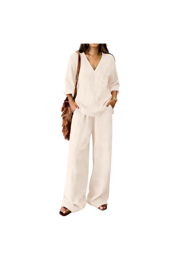 2 Piece Linen Outfit 3/4 Sleeve V Neck Cotton Linen Tunic Blouse Peasant Shirts Drawstring Waist Wide Leg Pants Set Lightweight Casual Summer Gauze Sets Beach Vacation Tracksuit Beige L