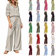 thumbnail image 1 of VISALY 2 Piece Linen Sets Women Collared Button Down Long Sleeve Shirts Drawstring Wide Leg Pants 2 Piece Outfit Set Loose Matching Tracksuit Summer Boho Beach Vacation Casual Outfits Black L, 1 of 4