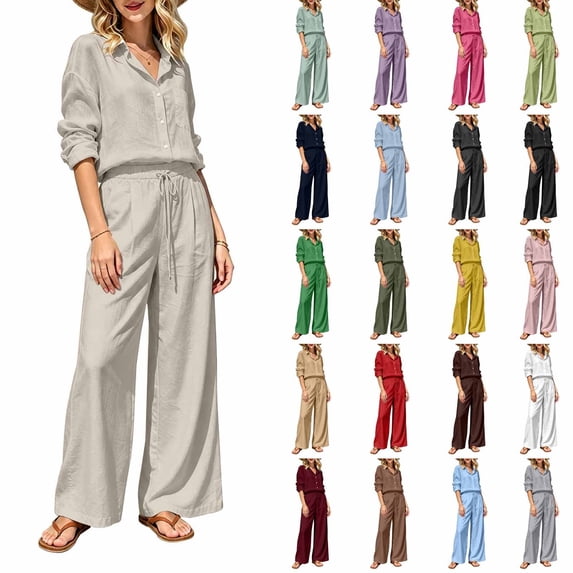 VISALY 2 Piece Linen Sets Women Collared Button Down Long Sleeve Shirts Drawstring Wide Leg Pants 2 Piece Outfit Set Loose Matching Tracksuit Summer Boho Beach Vacation Casual Outfits Black L