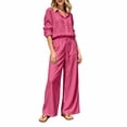 thumbnail image 1 of VISALY 2 Piece Linen Sets Women Collared Button Down Long Sleeve Shirts Drawstring Wide Leg Pants 2 Piece Outfit Set Loose Matching Tracksuit Summer Boho Beach Vacation Casual Outfits Hot Pink Xl, 1 of 4