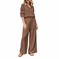 thumbnail image 1 of VISALY 2 Piece Linen Sets Women Collared Button Down Long Sleeve Shirts Drawstring Wide Leg Pants 2 Piece Outfit Set Loose Matching Tracksuit Summer Boho Beach Vacation Casual Outfits Brown 3Xl, 1 of 4