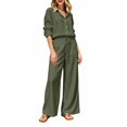 thumbnail image 1 of VISALY 2 Piece Linen Sets Women Collared Button Down Long Sleeve Shirts Drawstring Wide Leg Pants 2 Piece Outfit Set Loose Matching Tracksuit Summer Boho Beach Vacation Casual Outfits Army Green L, 1 of 4