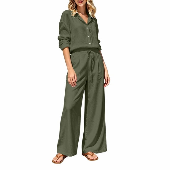 VISALY 2 Piece Linen Sets Women Collared Button Down Long Sleeve Shirts Drawstring Wide Leg Pants 2 Piece Outfit Set Loose Matching Tracksuit Summer Boho Beach Vacation Casual Outfits Army Green L