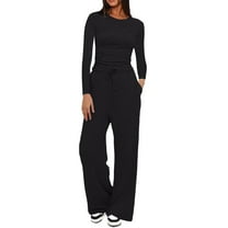 VISALY 2 Piece Lounge Set Sweatsuit Set Long Sleeve Crop Tops Sweatpants Training Suit for Women Tank Tops Wide Leg Pants Matching Sets Fall Travel Outfits Black L