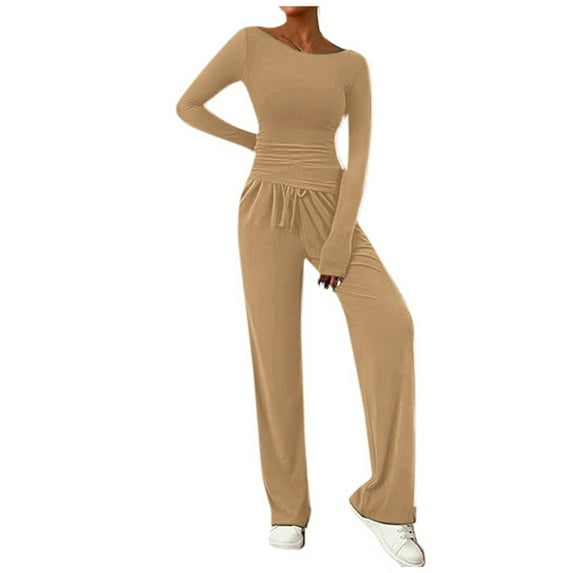 VISALY 2 Piece Lounge Set Sweatsuit Set Long Sleeve T Shirt Crop Tops Tank Tops Wide Leg Pants Travel Outfits Fashion Casual Sweatshirt Workout Sets Khaki Xs