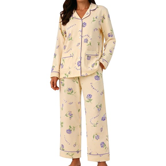 VISALY 2 Piece Pajamas Set for Women Floral Print Notch Collar Pajama Set Button Front Long Sleeve Sleep Top with Pockets Soft Breathable 2 Piece Loungewear Straight Leg Trousers Night Outfit L Xxl