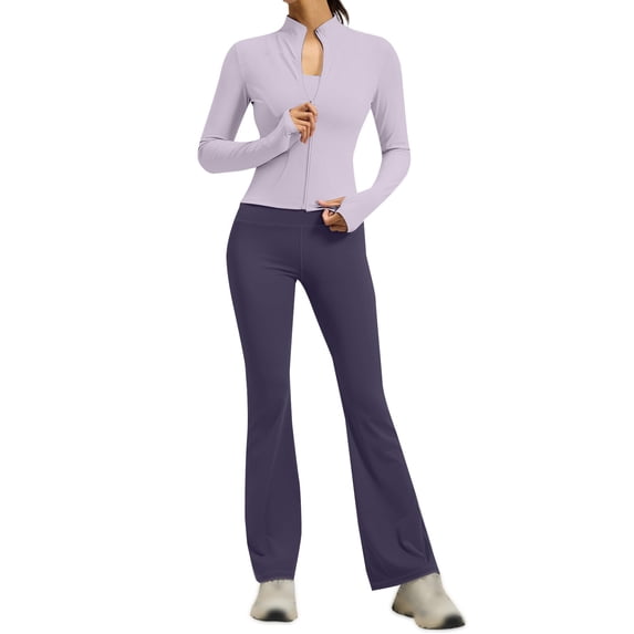 VISALY 2 Piece Tracksuit Sets Long Sleeve Zipper Jacket with Athletic High Waist Flare Long Leggings Slim Fit Casual Sport Workout Outfit Athleisure Tracksuit Jogger Loungewear Set Light Violet Xl