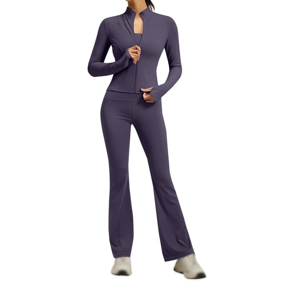 VISALY 2 Piece Tracksuit Sets Long Sleeve Zipper Jacket with Athletic High Waist Flare Long Leggings Slim Fit Casual Sport Workout Outfit Athleisure Tracksuit Jogger Loungewear Set Dark Purple Xxl
