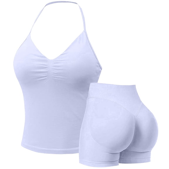 VISALY 2 Piece Workout Sets Seamless Halter Sports Padded Bra Tank Gym Macthing High Waist Scrunch Butt Tummy Control Biker Shorts Comfy Stretchy Athletic Gym Yoga Active Outfits Light Violet S