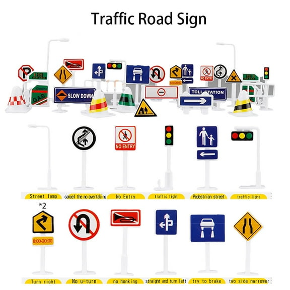 VISALY 28 Pcs Car Toy Accessories Traffic Road Signs Kids Children Play Learn Toy Game