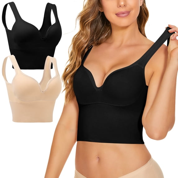 VISALY 2Pc Longline Wireless Seamless Sports Bra Lift Support Bras Yoga Running Bras Wireless Workout Camisole Soft Underwear Wireless Wide Strap Seamless Bras Full Coverage Vest Multicolor Xl