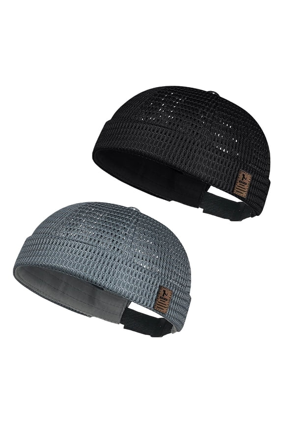 2Pc Men Skullcap Breathable Mesh Docker Cap Brimless Cap Adjustable Back Strap Patch Label Flat Top Beanie Hat Solid Color Summer Docker Cap Lightweight Casual No Brim Skullcap Black One Size