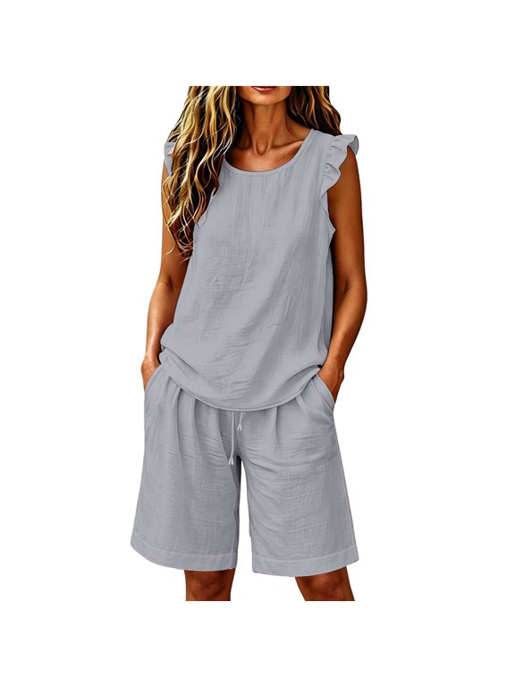 2Piece Short Sets Round Neck Ruffle Sleeveless Camisole Shirts Drawstring Bermuda Shorts Lightweight Plus Size Boho Beach Vacation Outfit Casual Lounge Sleepwear Linen Pajama Set Light Ashy S