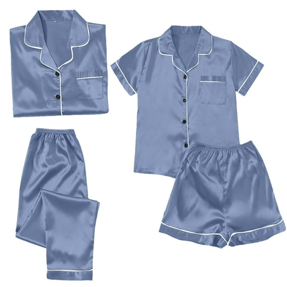 VISALY 4-Piece Satin Pajama Set: Mixed Sleeve Options, Loungewear Shorts & Top, Light Blue,L