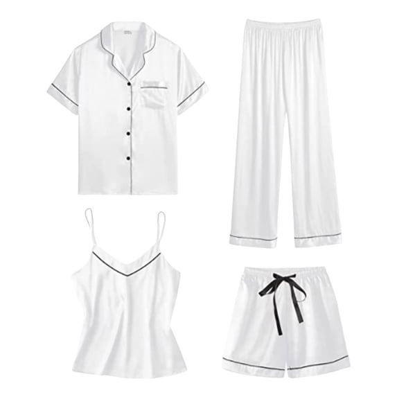 VISALY 4-Piece Satin Pajama Set: Suspender Shorts & Top, Summer Sleepwear Lounge Ensemble, White,XXL