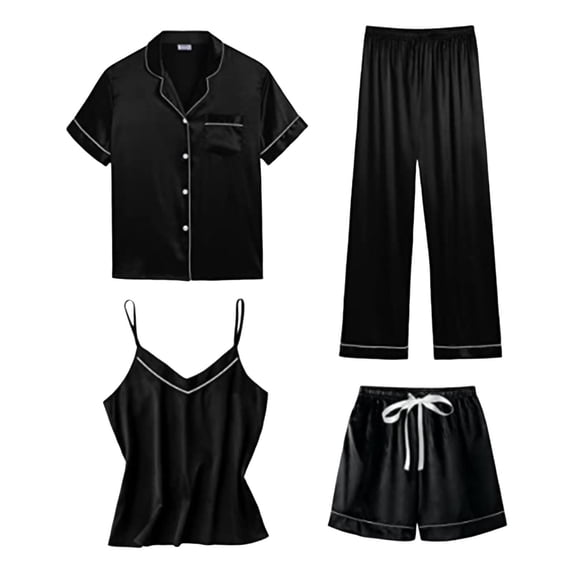 VISALY 4 piece pajama set for Women s Sleepwear Set, Thin 4-Piece Suspender Pajamas Satin Pyjamas Women's Short 4 Pyjamas Short, Women's Loungewear Sets Matching Sets Women Clothing, Black,XL