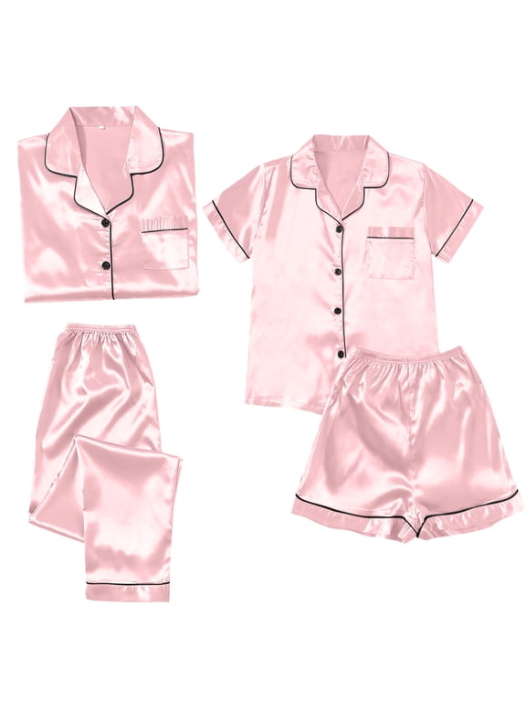 4 piece pajama set for women Satin pajama set for women, Women's Ice Silk Thin Imitation Silk Short Long Sleeve Home Clothes Four Piece, Cooling pajamas Womens pajama shorts, Pink,L