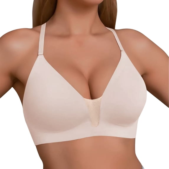 VISALY Backless Wireless Bras Plunge Neck Low Cut Convertible Straps Bralettes Seamless No Underwire Bra Convertible Straps Bralette Comfort Everyday Underwear Convertible Support Bralette Pink M
