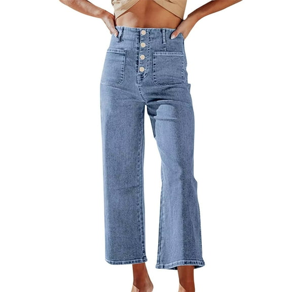 VISALY Barrel Jeans Women, Cropped Flare Jeans, Women's Cropped Jeans Women's Wide Leg Jeans High Waisted Stretchy Straight Leg, Button Fly Jeans for Women, 1 Pack Jeans for Women (Blue, S)
