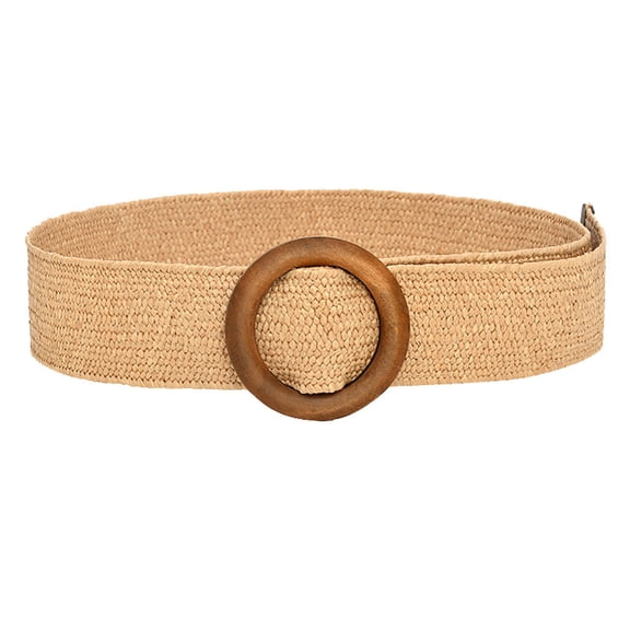 VISALY Belts for Women, Vintage Waist Belt Round Wooden Smooth Buckle Fake Straw Wide Belt, Loop Buckle, Belts (D, One Size)