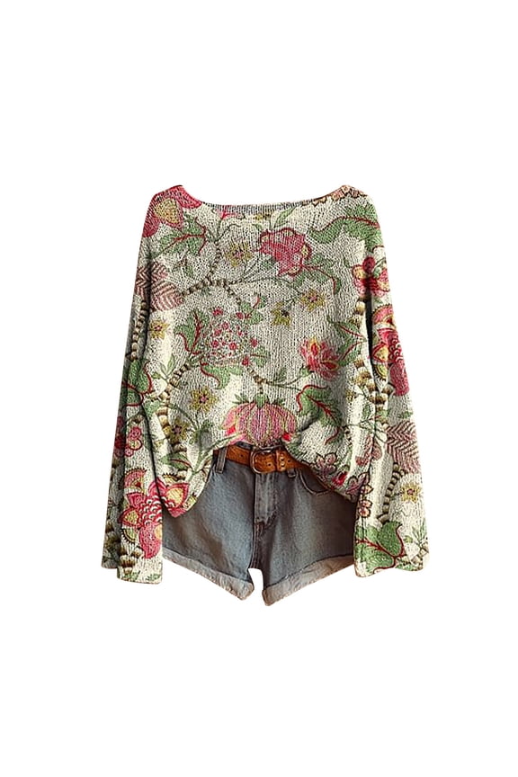 Boho Tops Pullover Crewneck Sweaters Floral Blouses Print Casual Pullover Tunic Tops Colorful Sweater Loose Fit Knit Sweaters Tops Basic Long Sleeve Jacket Sweater Jacket Casual Pink Xxl