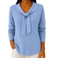 thumbnail image 1 of VISALY Bow Tie Collar Knit Sweater for Women Elegant Long Sleeve Ribbed Knit Pullover Sweater Soft Lightweight Office Dressy Casual Tunic Shirts Fall Trendy Business Casual Outfits Sky Blue 3Xl, 1 of 7