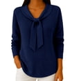 thumbnail image 1 of VISALY Bow Tie Collar Knit Sweater for Women Elegant Long Sleeve Ribbed Knit Pullover Sweater Soft Lightweight Office Dressy Casual Tunic Shirts Fall Trendy Business Casual Outfits Dark Blue L, 1 of 7