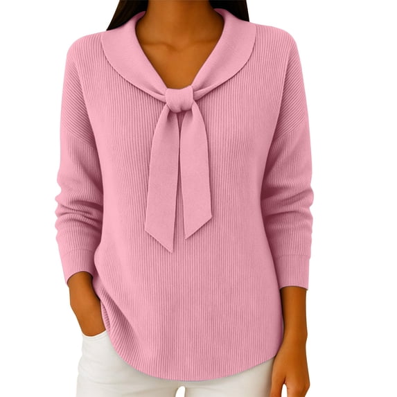 VISALY Bow Tie Collar Knit Sweater for Women Elegant Long Sleeve Ribbed Knit Pullover Sweater Soft Lightweight Office Dressy Casual Tunic Shirts Fall Trendy Business Casual Outfits Pink M