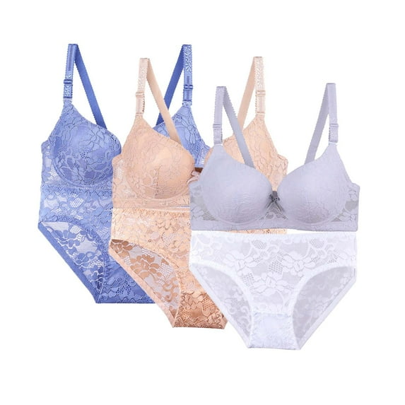 VISALY Bra and Panty Sets for Women Lace Bra Set, 3 Sets of Lace Underwear for Women High Support Bras for Women Adjustable Strap Full Coverage, Bra and Underwear Sets Bra Sets, White,42
