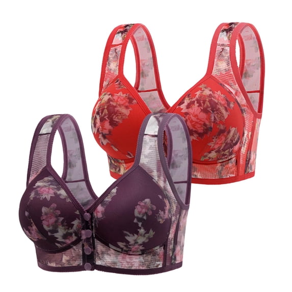 VISALY Bralette Pack, Ladies'Hot-Selling Printing Optimization Front Buckle Mother Underwear Female Pull-Up Anti-Droop, Plus Size Strapless Bras for Women Plus Size front snap bra, #B Purple1,XL